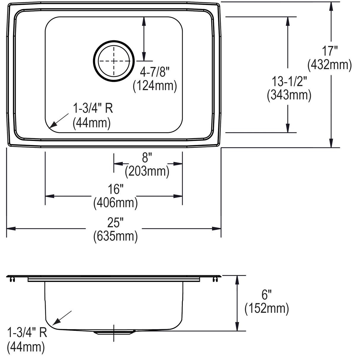 Elkay Lustertone Classic Stainless Steel 25" x 17" x 6", FR2-Hole Single Bowl Drop-in Classroom ADA Sink