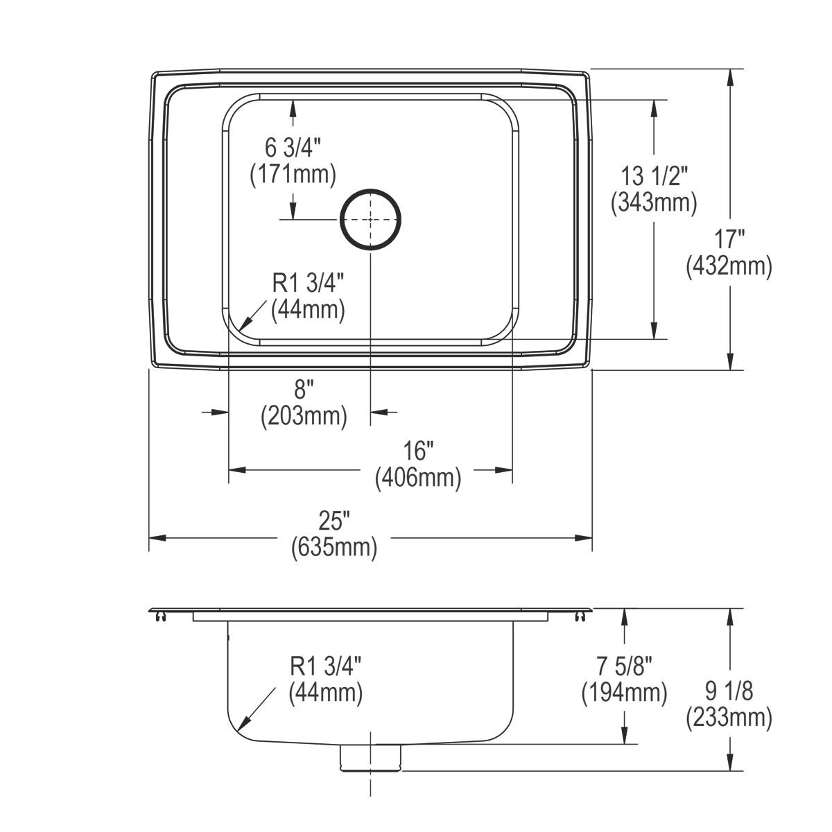 Elkay Lustertone Classic Stainless Steel 25" x 17" x 7-5/8" 2-Hole Single Drop-in Classroom Sink w/Perfect Drain Grid