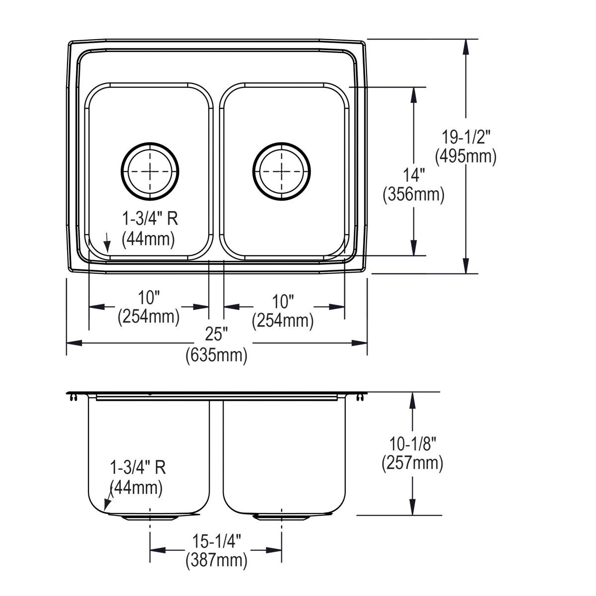 Elkay Lustertone Classic Stainless Steel 25" x 19-1/2" x 10-1/8" 4-Hole Equal Double Bowl Drop-in Sink