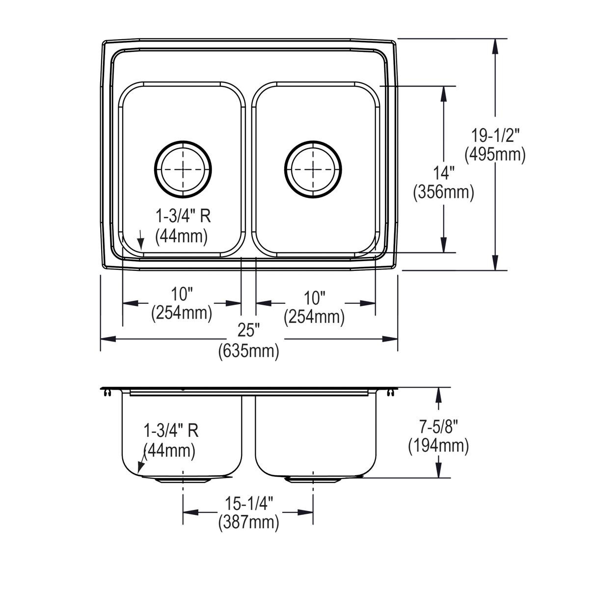 Elkay Lustertone Classic Stainless Steel 25" x 19-1/2" x 7-5/8", 4-Hole Equal Double Bowl Drop-in Sink with Quick-clip