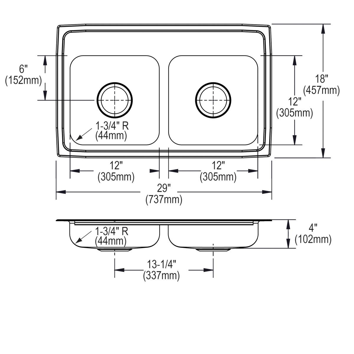 Elkay Lustertone Classic Stainless Steel 29" x 18" x 4" 3-Hole Equal Double Bowl Drop-in ADA Sink