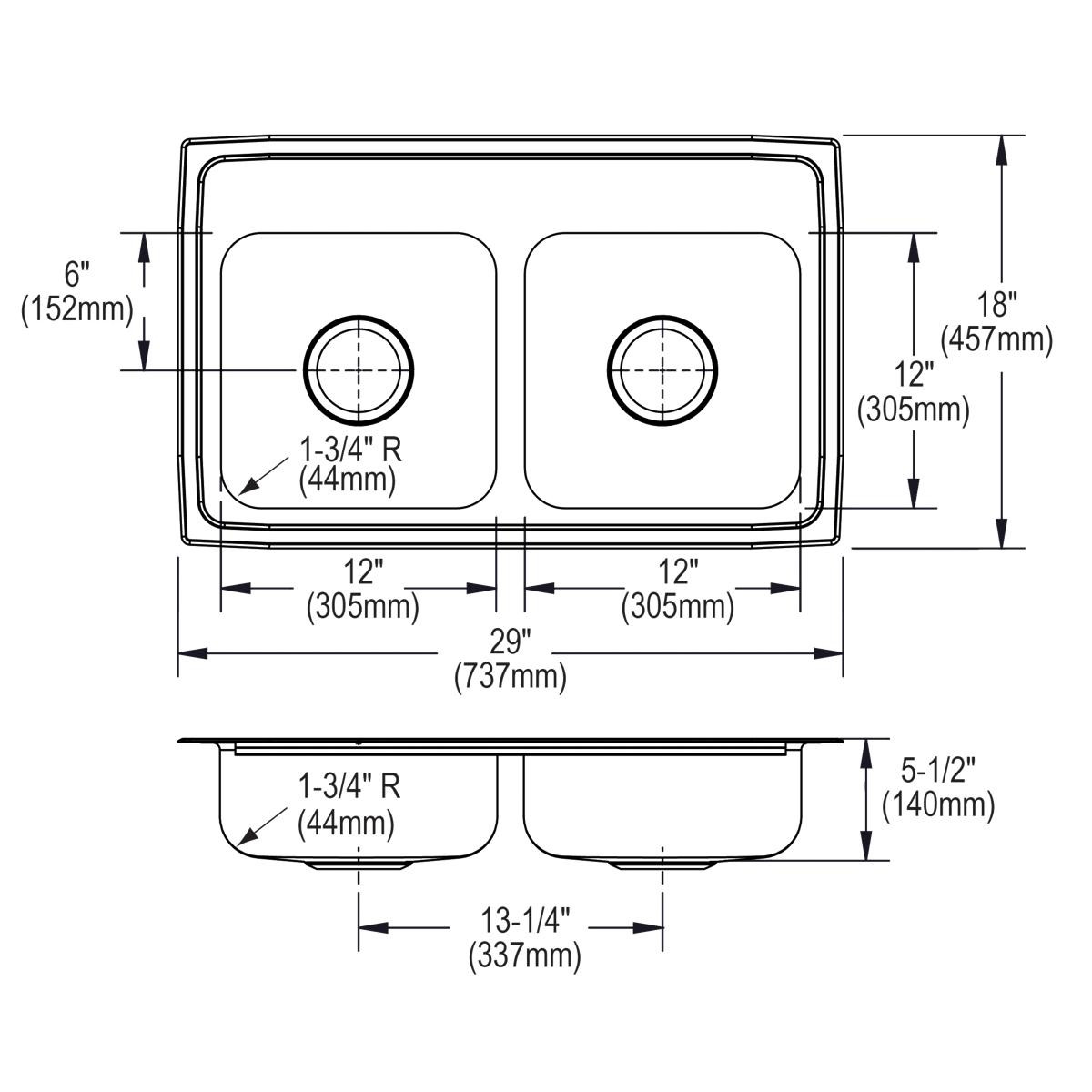 Elkay Lustertone Classic Stainless Steel 29" x 18" x 5-1/2" MR2-Hole Equal Double Bowl Drop-in ADA Sink