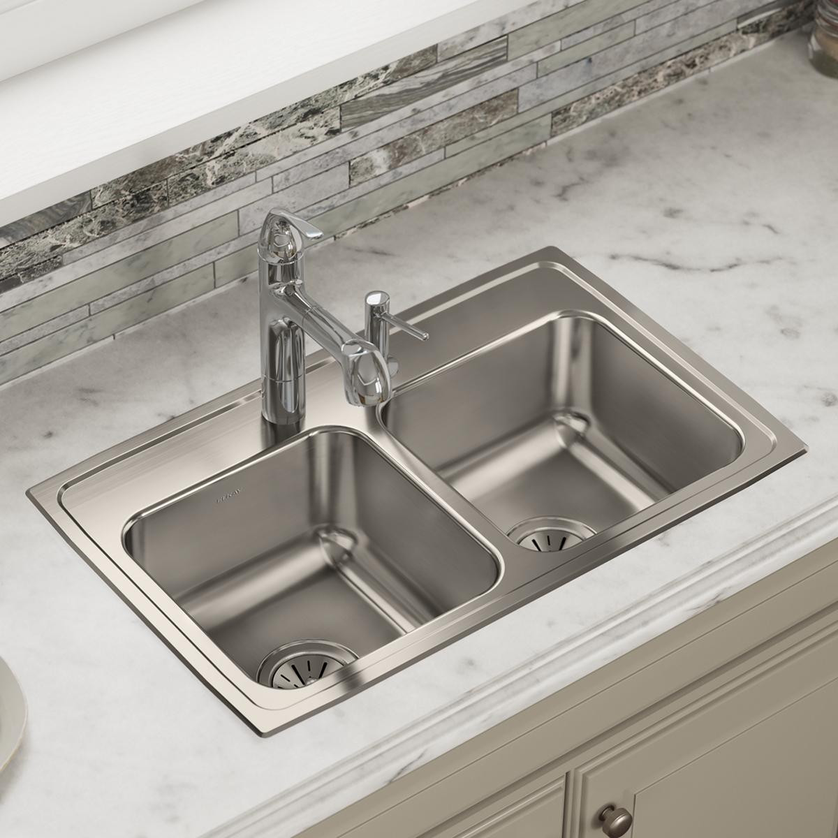 Elkay Lustertone Classic Stainless Steel 29" x 18" x 7-5/8", 4-Hole Equal Double Bowl Drop-in Sink