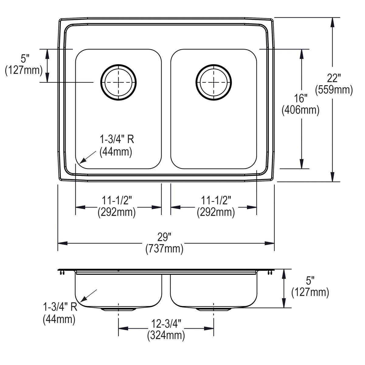 Elkay Lustertone Classic Stainless Steel 29" x 22" x 5" 3-Hole Equal Double Bowl Drop-in ADA Sink