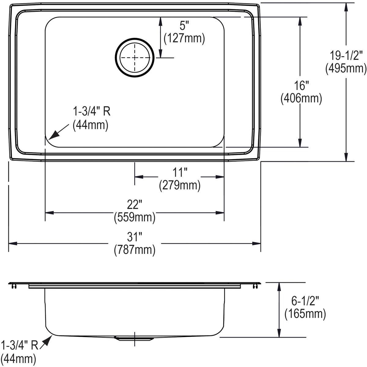 Elkay Lustertone Classic Stainless Steel 31" x 19-1/2" x 6-1/2" 4-Hole Single Bowl Drop-in Classroom ADA Sink