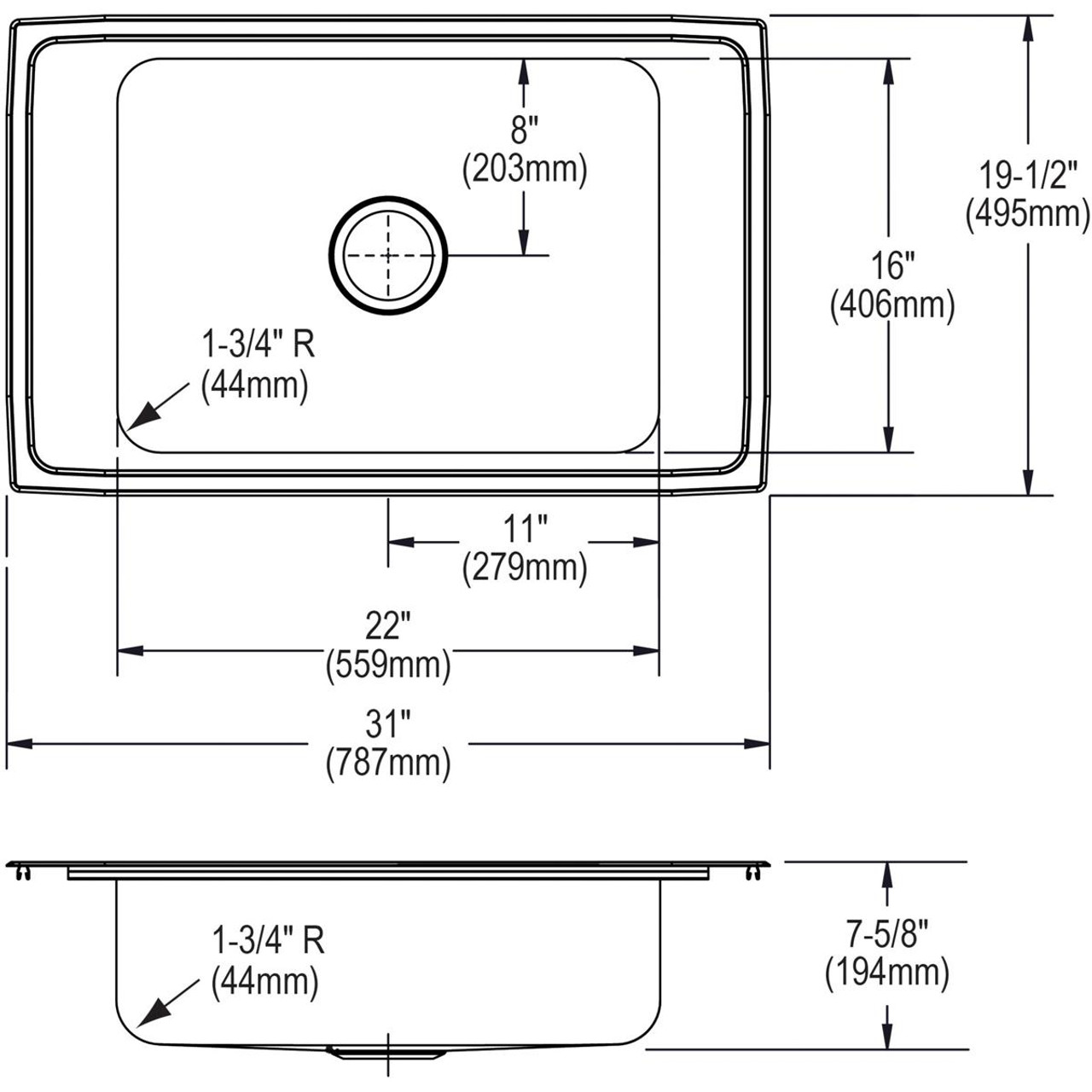 Elkay Lustertone Classic Stainless Steel 31" x 19-1/2" x 7-5/8", 2FRM-Hole Single Bowl Drop-in Classroom Sink
