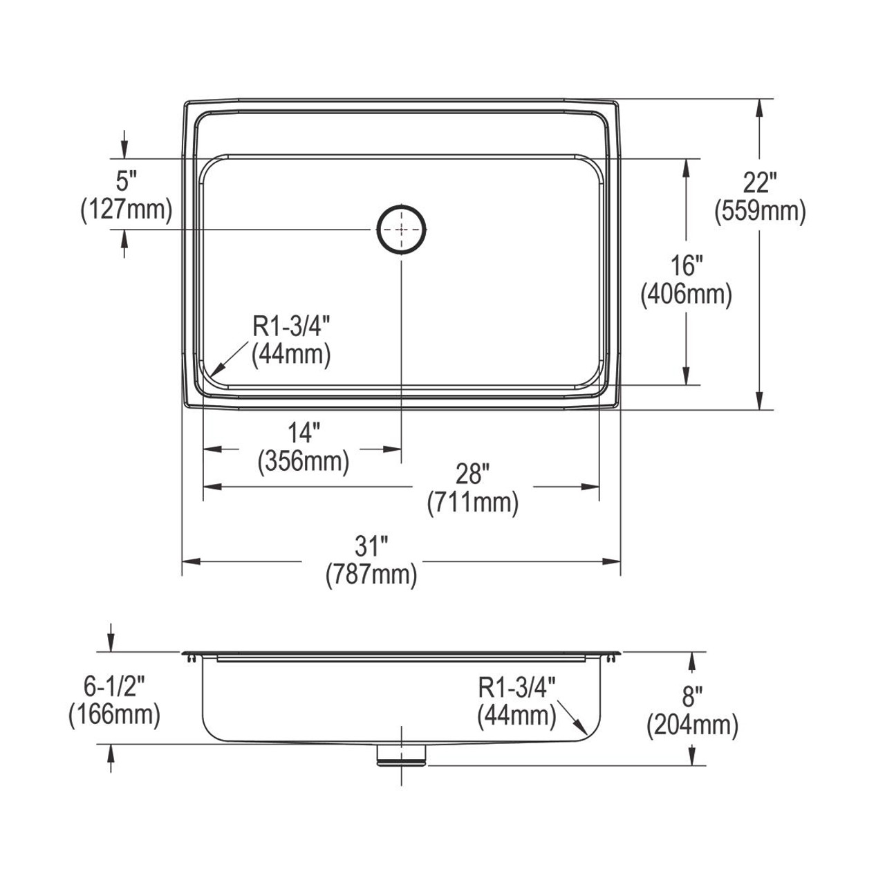 Elkay Lustertone Classic Stainless Steel 31" x 22" x 6-1/2", 1-Hole Single Bowl Drop-in ADA Sink with Perfect Drain