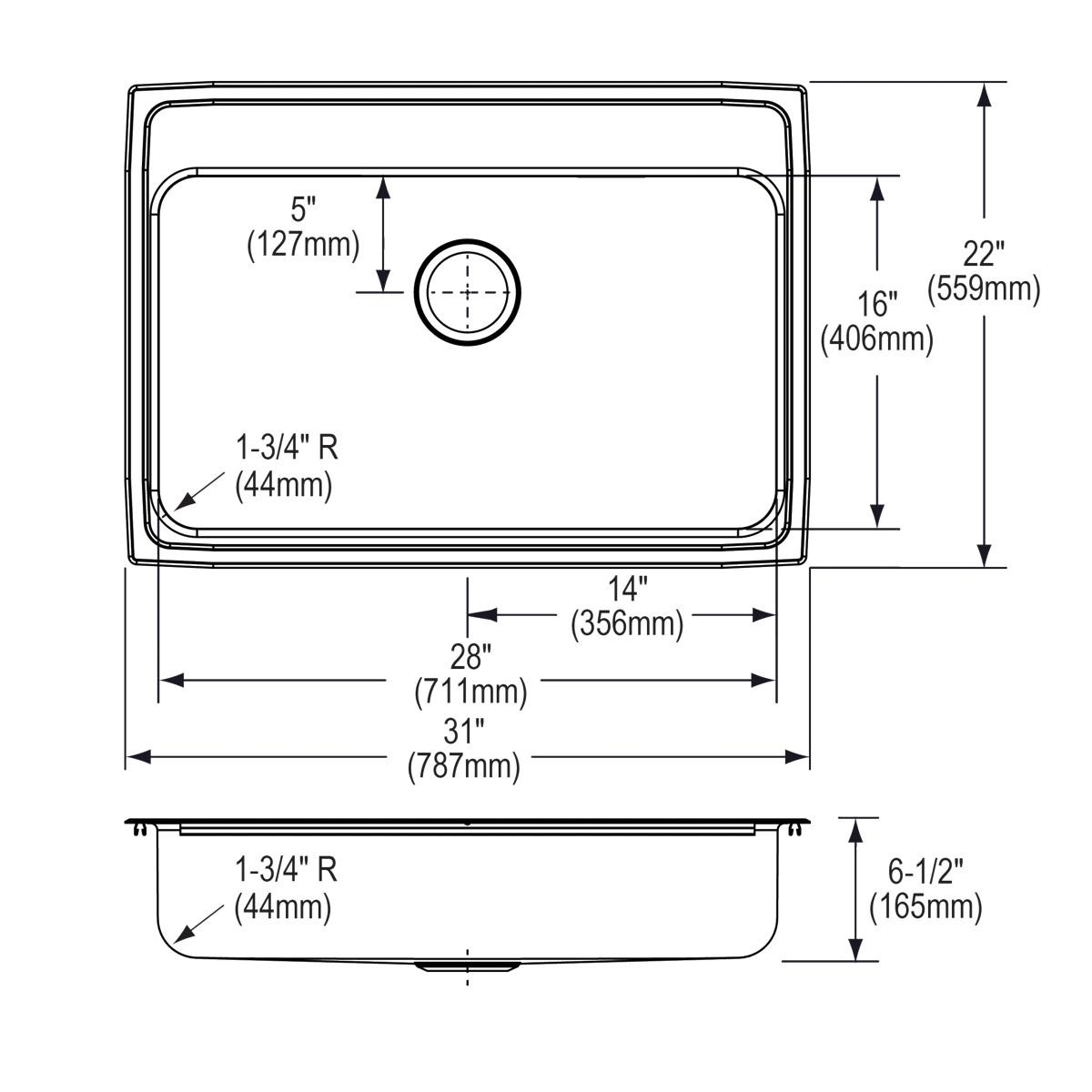 Elkay Lustertone Classic Stainless Steel 31" x 22" x 6-1/2", 1-Hole Single Bowl Drop-in ADA Sink with Quick-clip