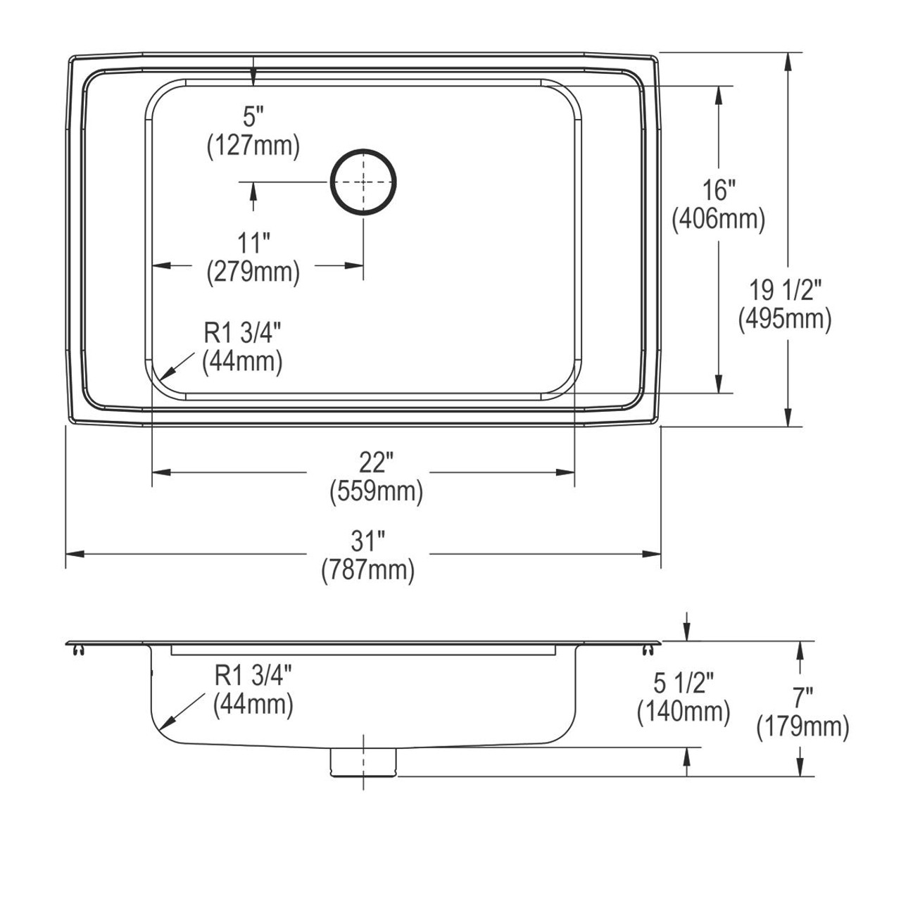 Elkay Lustertone Classic Stainless Steel 31"x19-1/2"x5-1/2", 2-Hole Single Bowl Drop-in Classroom ADA Sink w/ Perfect Drain Grid