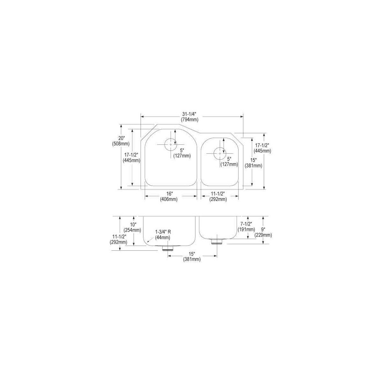 Elkay Lustertone Classic Stainless Steel 31-1/4" x 20" x 10", Offset 60/40 Double Undermount Sink w/Perfect Drain