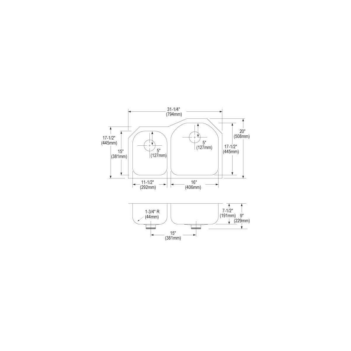 Elkay Lustertone Classic Stainless Steel 31-1/4" x 20" x 7-1/2" Offset 40/60 Double Undermount Sink w/Perfect Drain