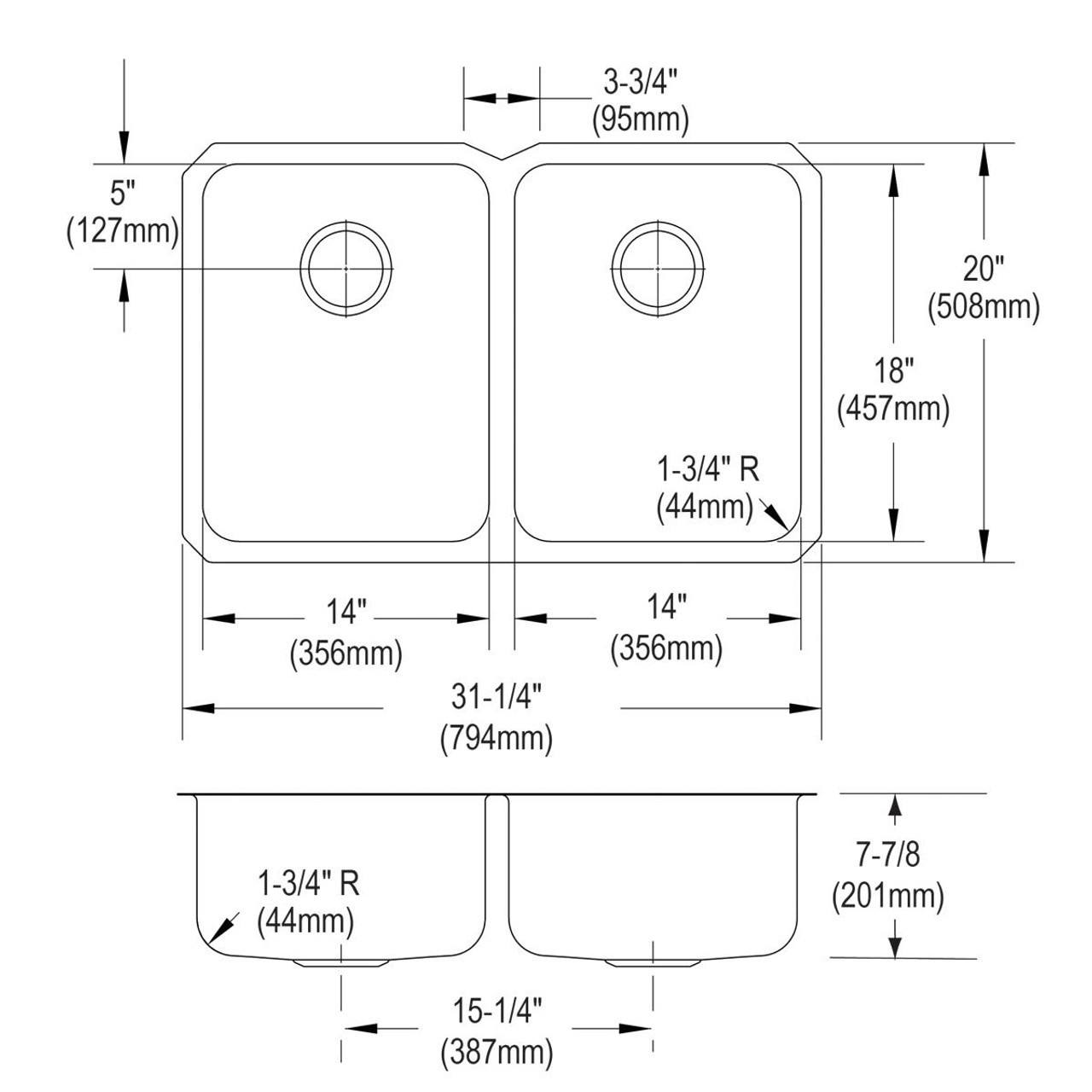 Elkay Lustertone Classic Stainless Steel 31-1/4" x 20" x 7-7/8", Equal Double Bowl Undermount Sink