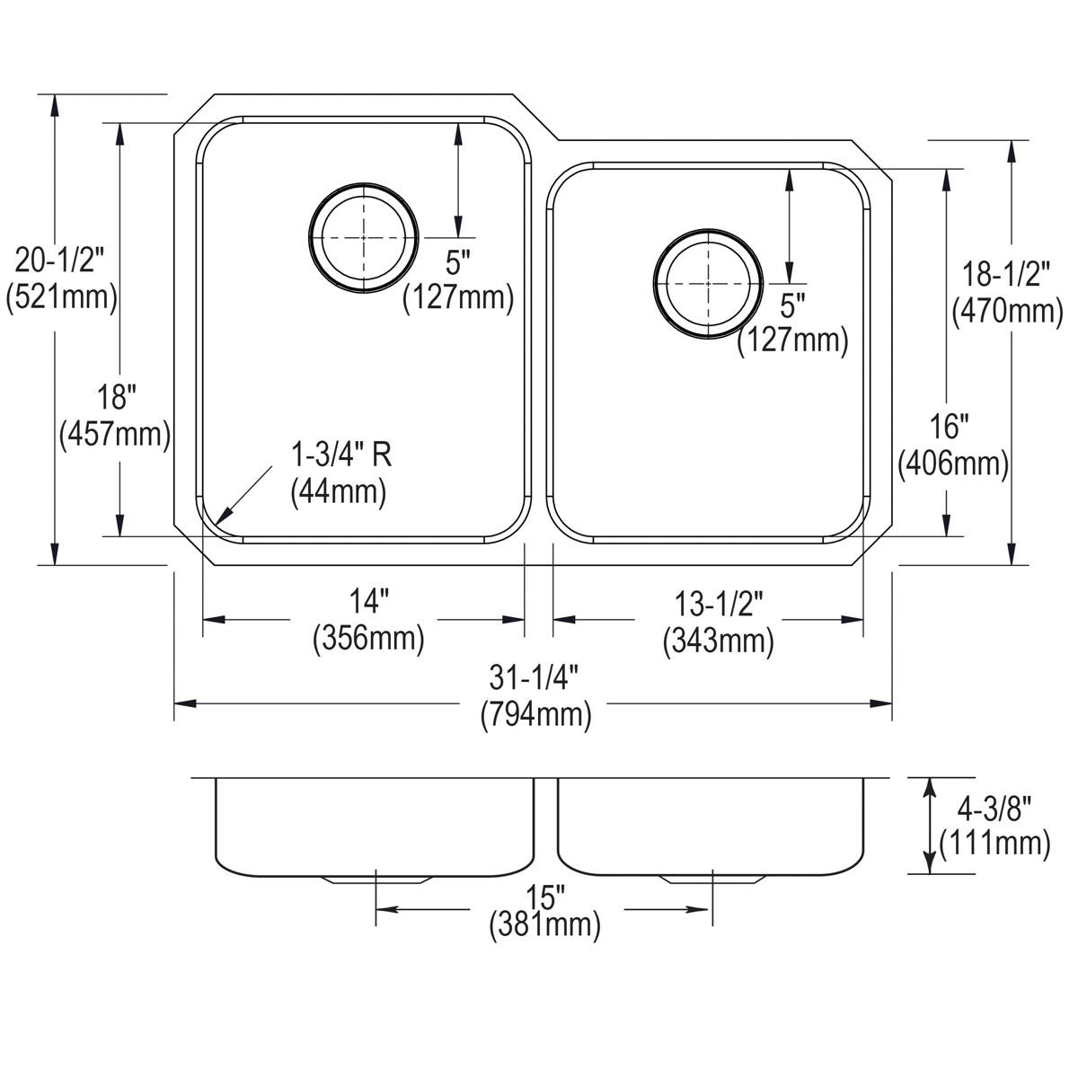 Elkay Lustertone Classic Stainless Steel 31-1/4" x 20-1/2" x 4-3/8", Offset Double Bowl Undermount ADA Sink