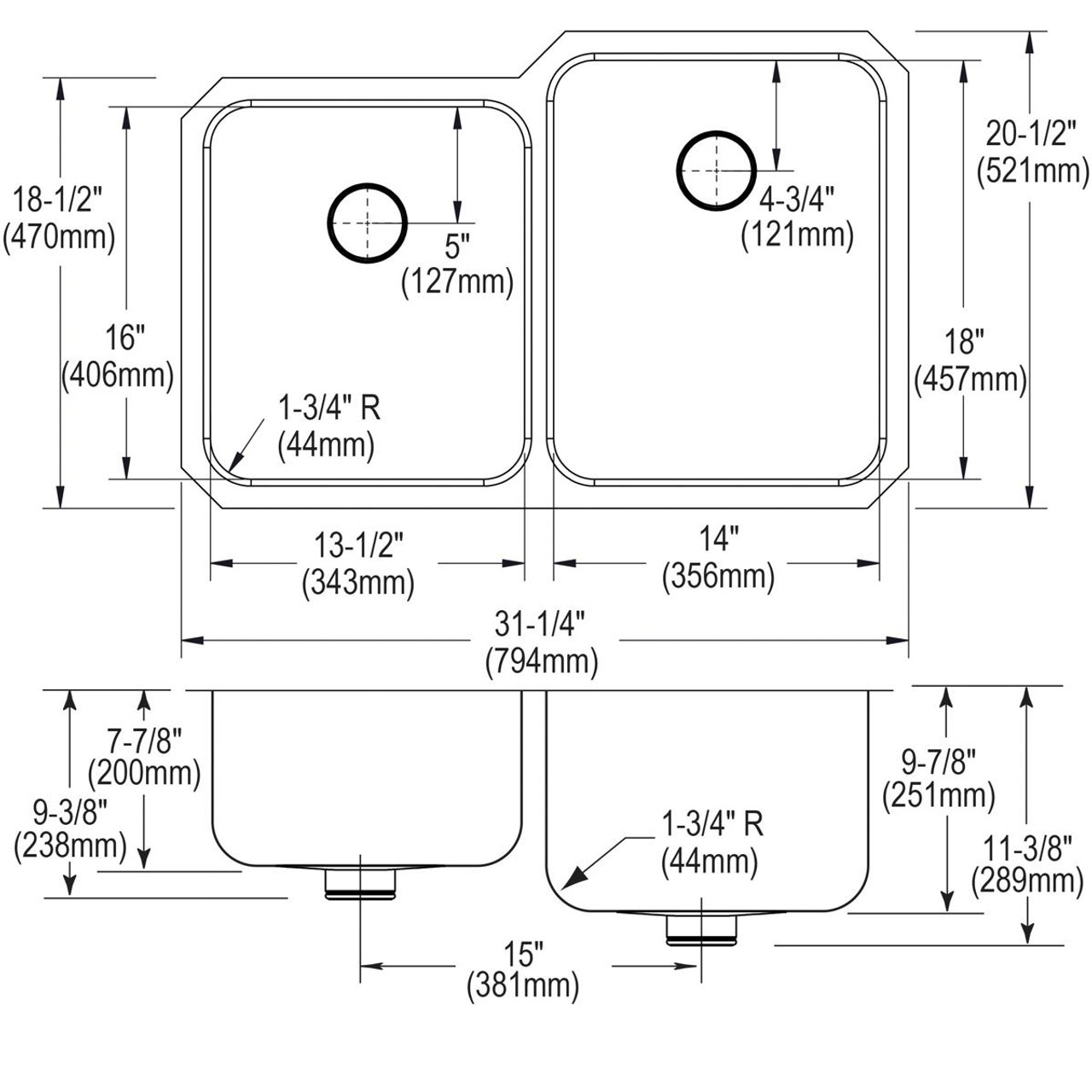 Elkay Lustertone Classic Stainless Steel 31-1/4" x 20-1/2" x 9-7/8" Double Bowl Undermount Sink Kit with Left Perfect Drain