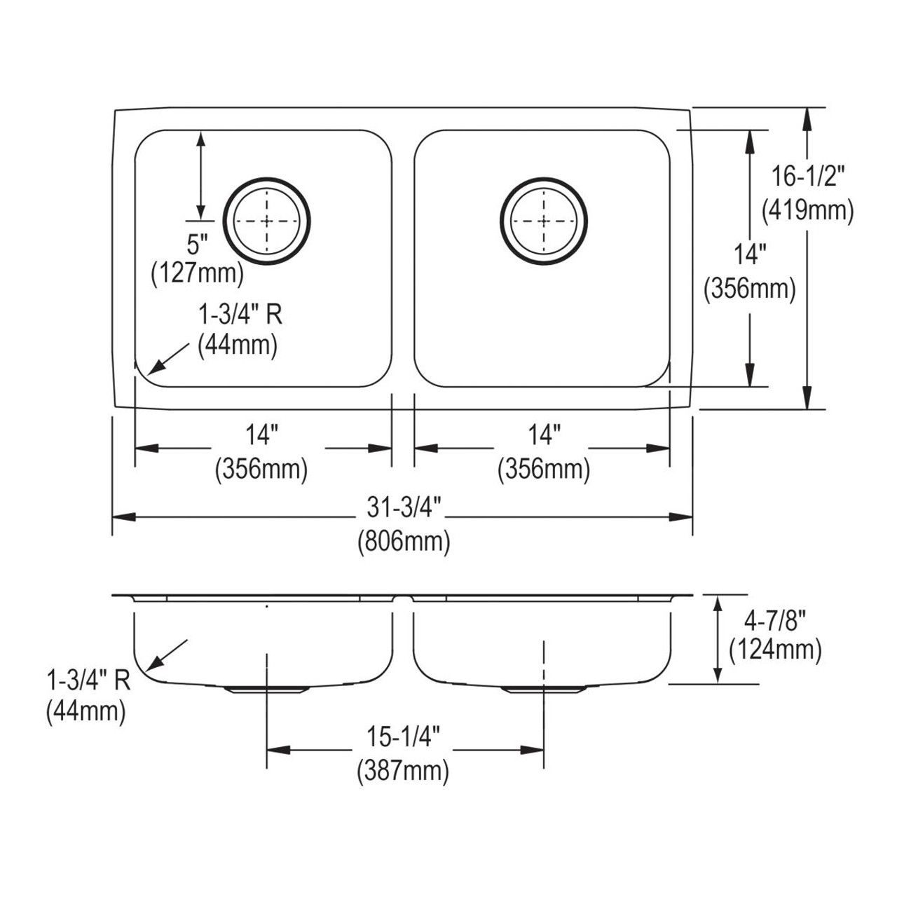 Elkay Lustertone Classic Stainless Steel 31-3/4" x 16-1/2" x 4-7/8", Equal Double Bowl Undermount ADA Sink