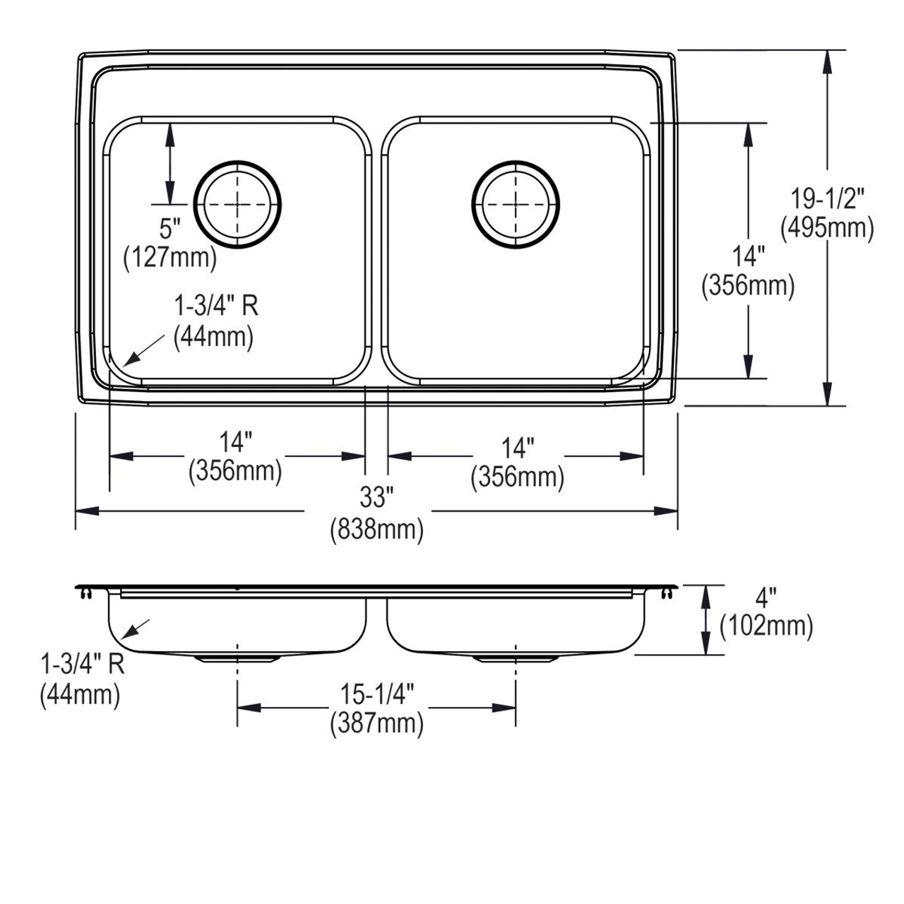 Elkay Lustertone Classic Stainless Steel 33" x 19-1/2" x 4", 5-Hole Equal Double Bowl Drop-in ADA Sink