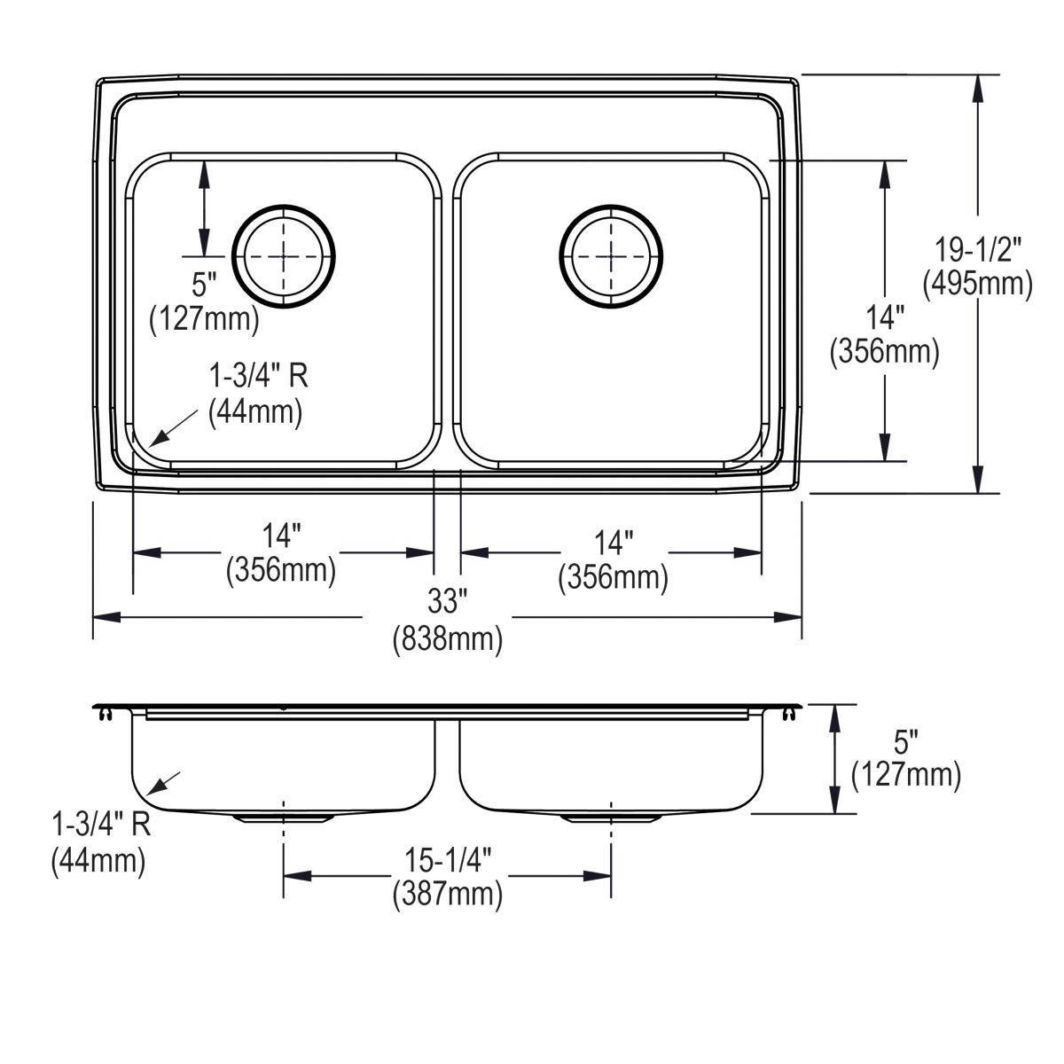 Elkay Lustertone Classic Stainless Steel 33" x 19-1/2" x 5", 3-Hole Equal Double Bowl Drop-in ADA Sink