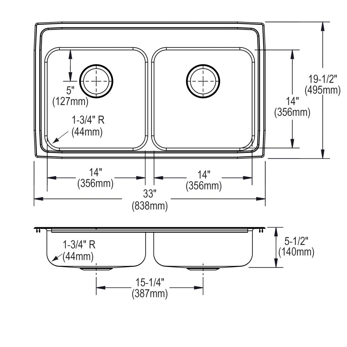Elkay Lustertone Classic Stainless Steel 33" x 19-1/2" x 5-1/2", 3-Hole Equal Double Bowl Drop-in ADA Sink
