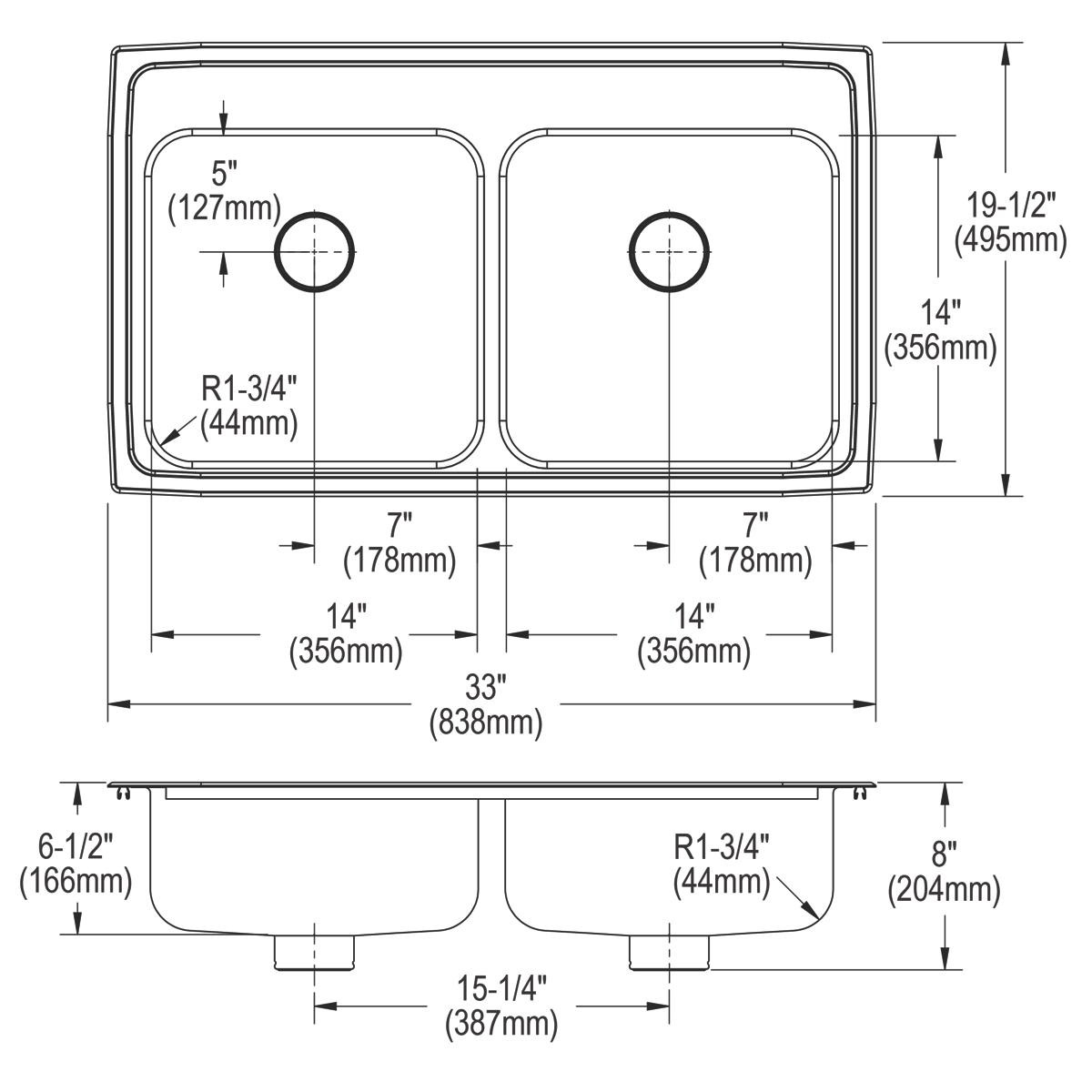 Elkay Lustertone Classic Stainless Steel 33" x 19-1/2" x 6-1/2", 2-Hole Double Bowl Drop-in ADA Sink w/Perfect Drain