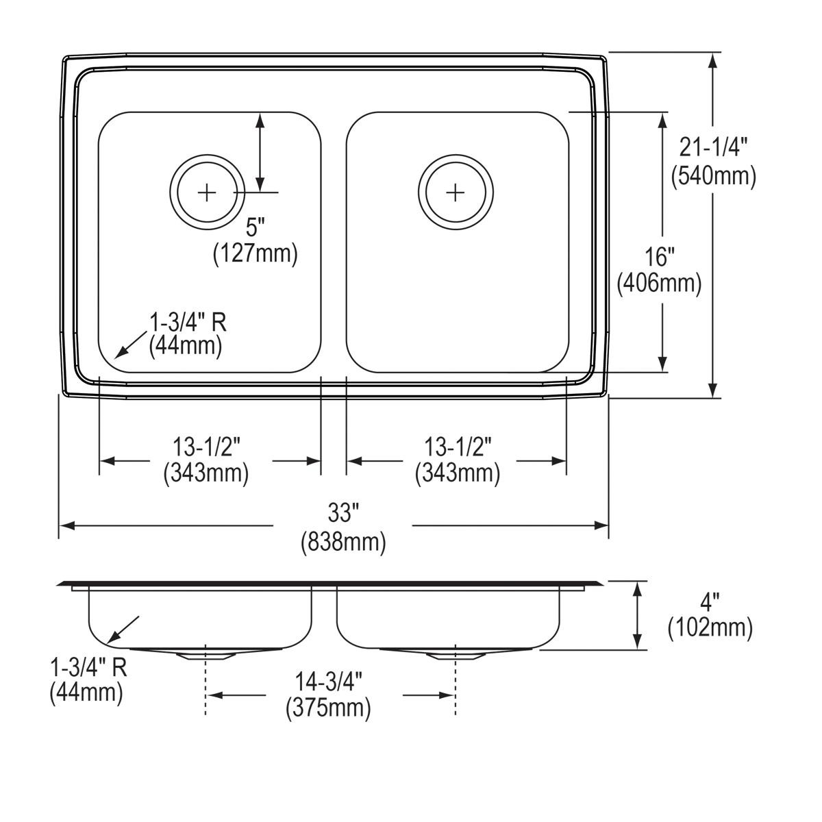 Elkay Lustertone Classic Stainless Steel 33" x 21-1/4" x 4", 4-Hole Equal Double Bowl Drop-in ADA Sink