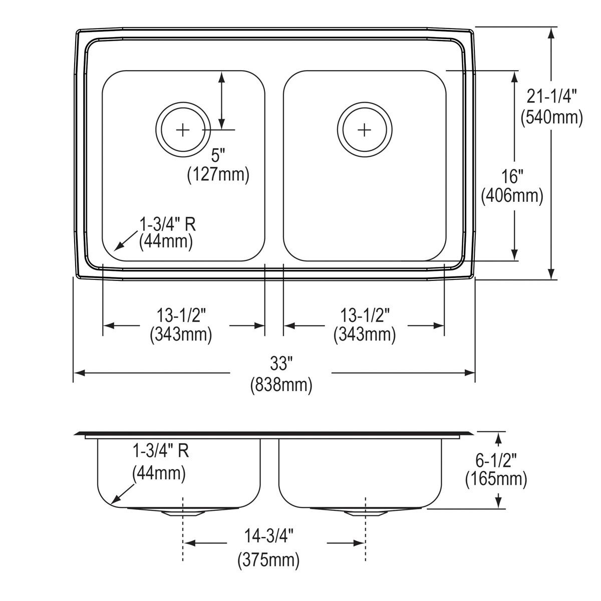 Elkay Lustertone Classic Stainless Steel 33" x 21-1/4" x 6-1/2" 1-Hole Equal Double Bowl Drop-in ADA Sink with Quick-clip