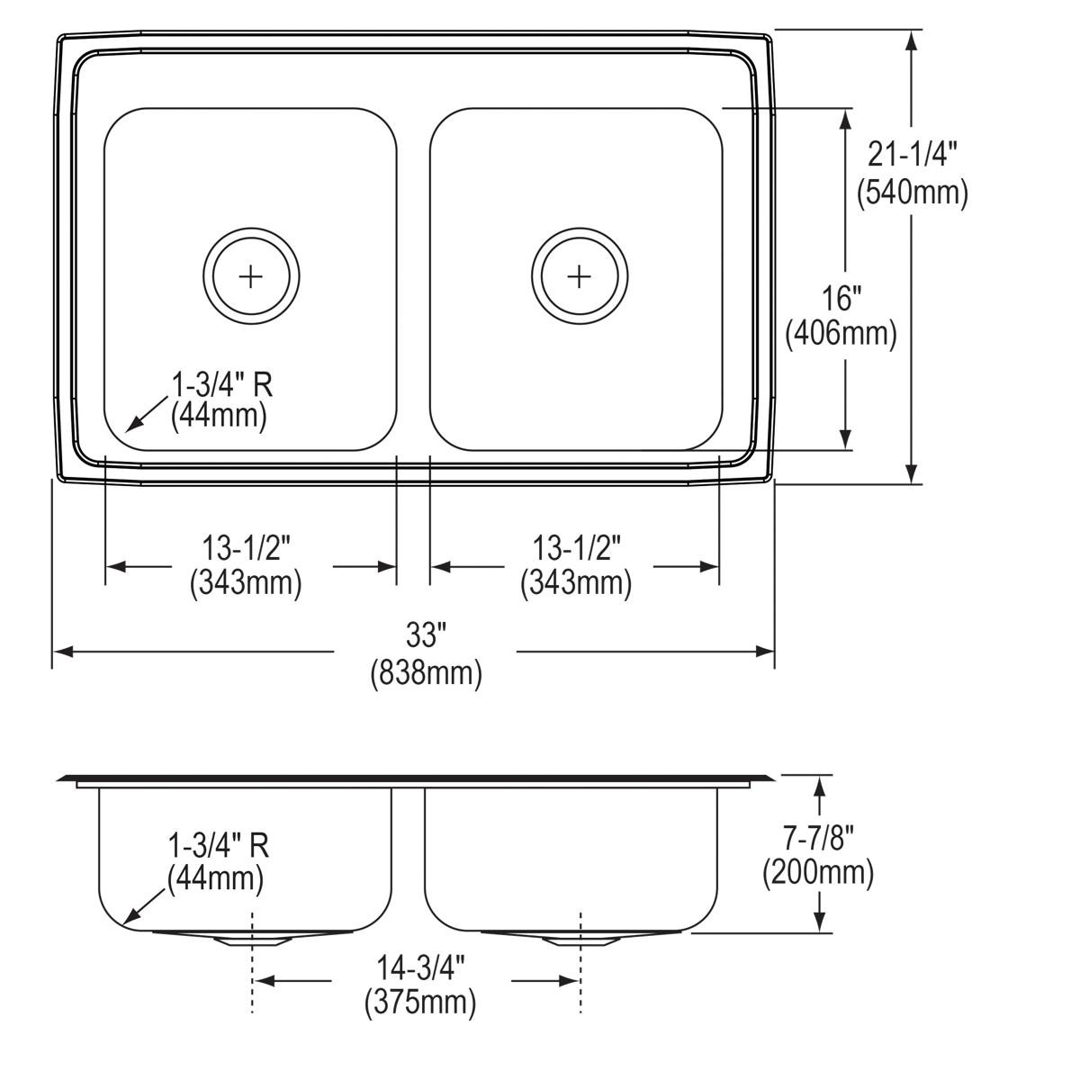 Elkay Lustertone Classic Stainless Steel 33" x 21-1/4" x 7-7/8", MR2-Hole Equal Double Bowl Drop-in Sink