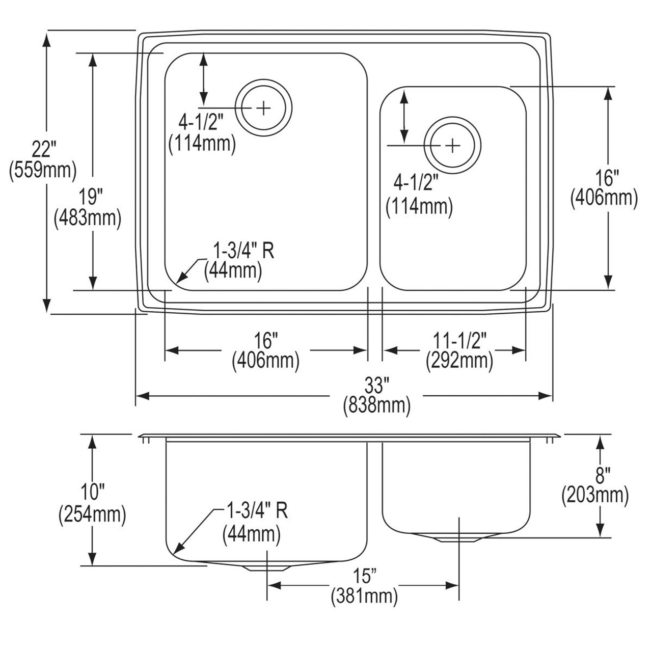 Elkay Lustertone Classic Stainless Steel 33" x 22" x 10", 1-Hole 60/40 Double Bowl Drop-in Sink