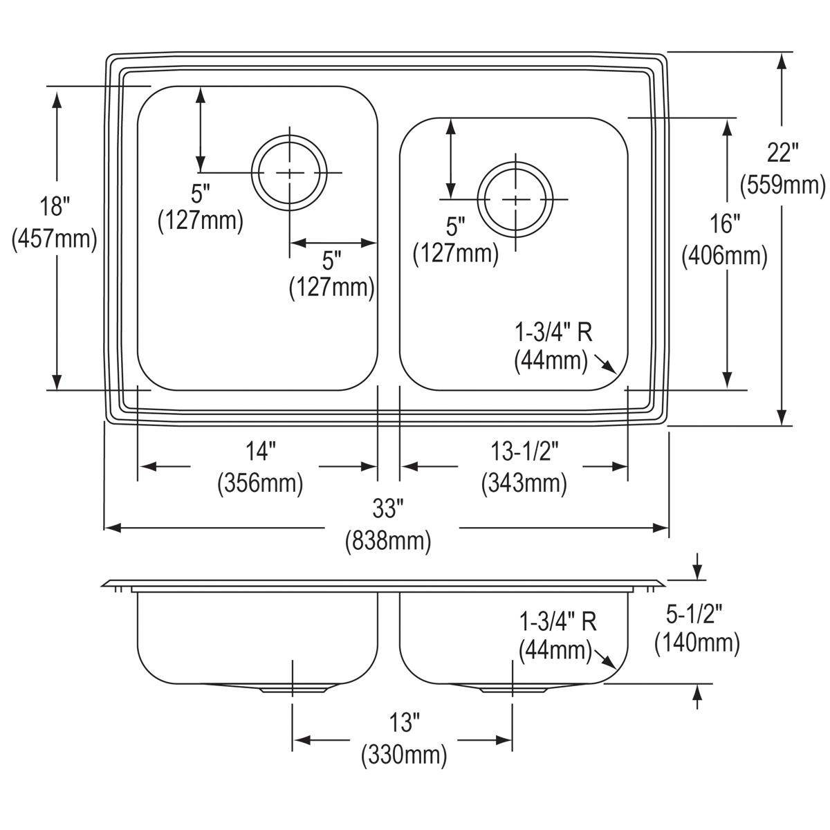 Elkay Lustertone Classic Stainless Steel 33" x 22" x 5-1/2", Offset 3-Hole Double Bowl Drop-in ADA Sink