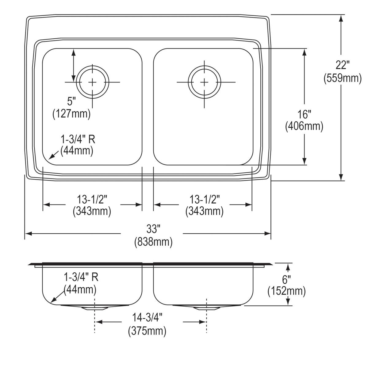 Elkay Lustertone Classic Stainless Steel 33" x 22" x 6", 3-Hole Equal Double Bowl Drop-in ADA Sink with Quick-clip