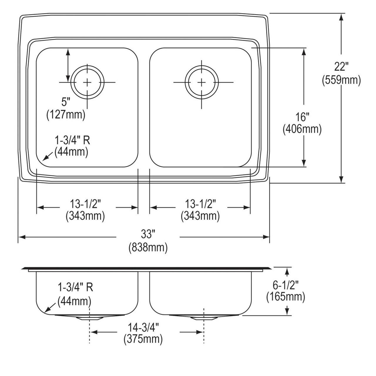 Elkay Lustertone Classic Stainless Steel 33" x 22" x 6-1/2" MR2-Hole Equal Double Bowl Drop-in ADA Sink