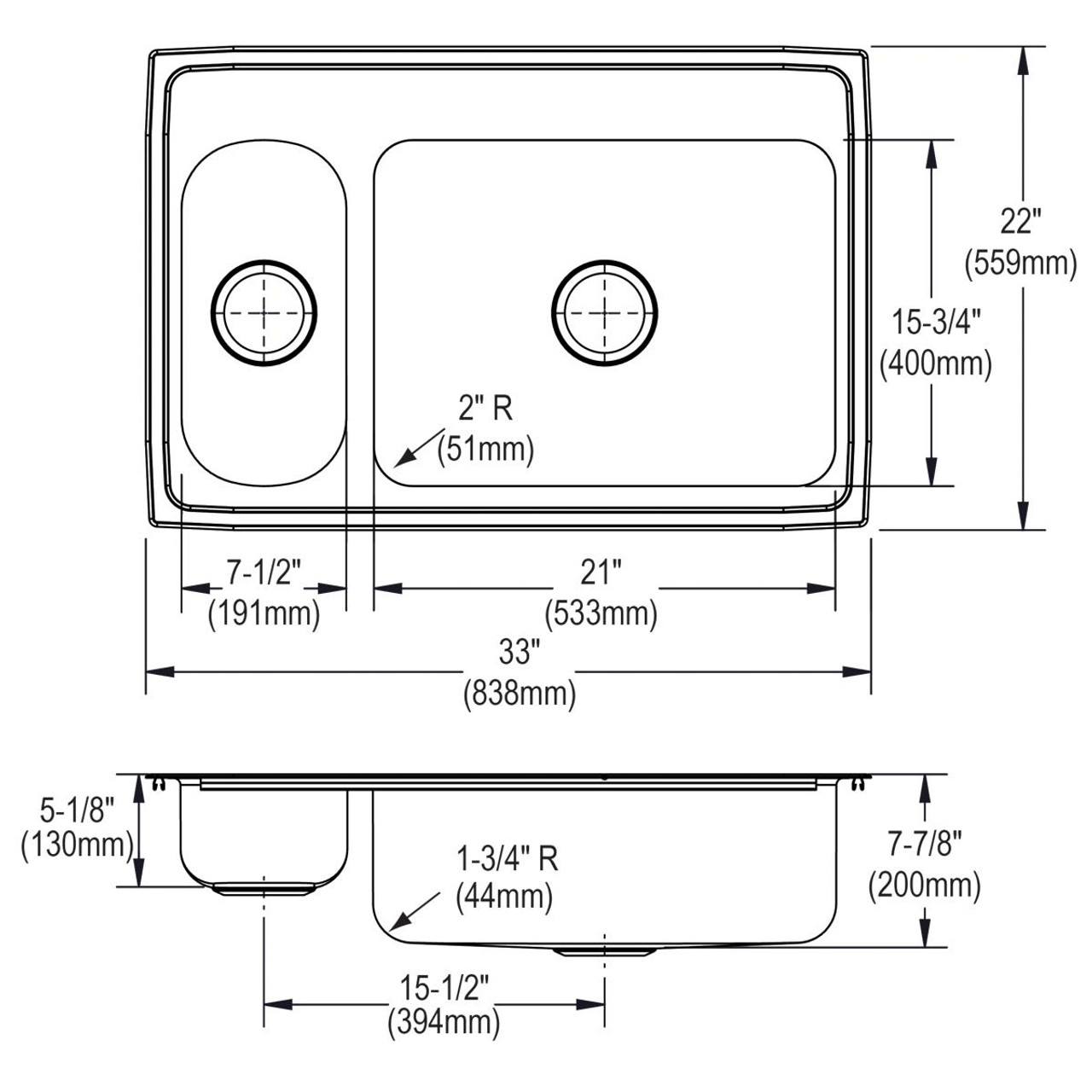 Elkay Lustertone Classic Stainless Steel 33" x 22" x 7-7/8", MR2-Hole 30/70 Double Bowl Drop-in Sink