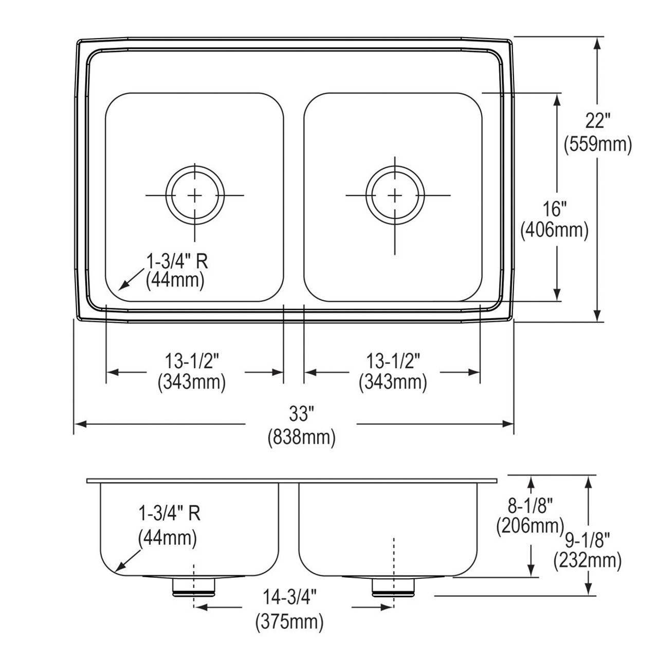 Elkay Lustertone Classic Stainless Steel 33" x 22" x 8-1/8" 1-Hole Equal Double Bowl Drop-in Sink with Perfect Drain