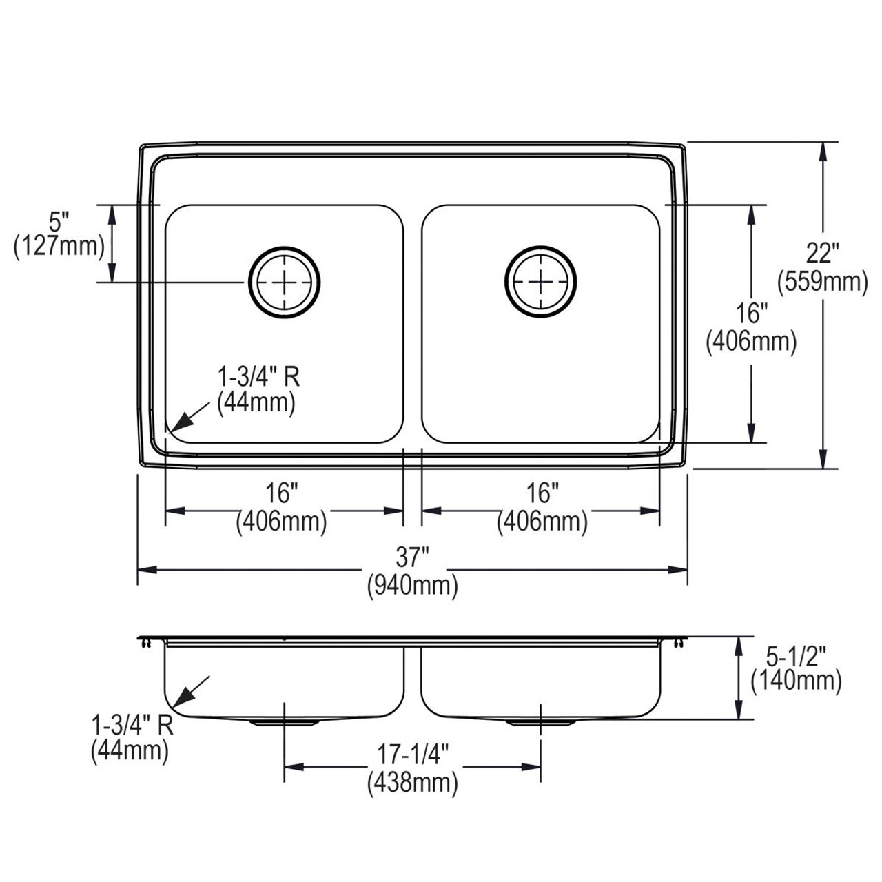 Elkay Lustertone Classic Stainless Steel 37" x 22" x 5-1/2" 3-Hole Equal Double Bowl Drop-in ADA Sink
