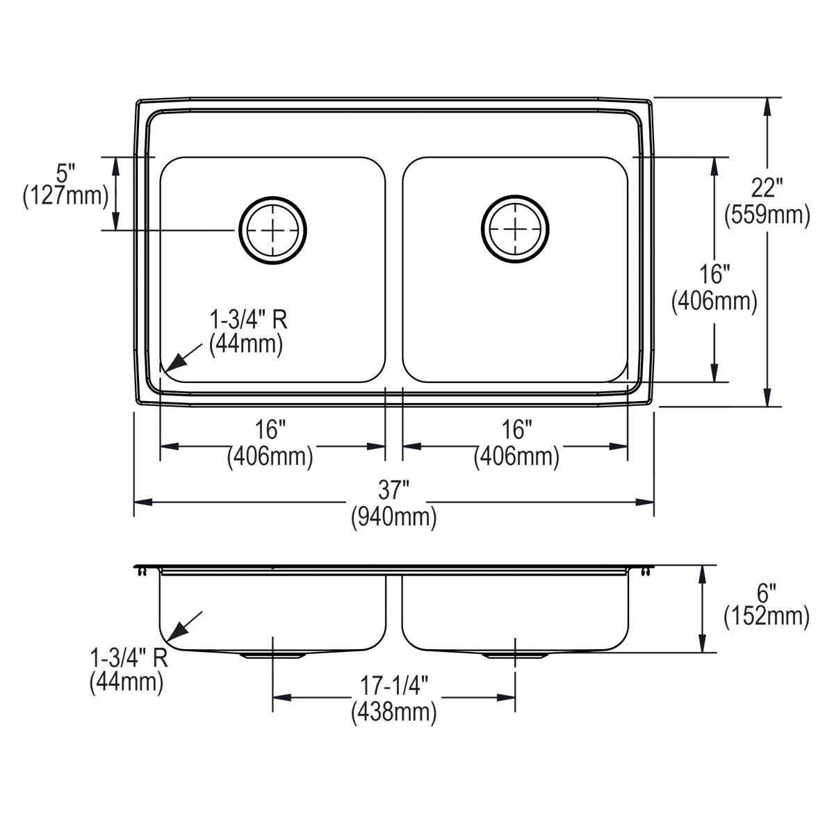 Elkay Lustertone Classic Stainless Steel 37" x 22" x 6" 2-Hole Equal Double Bowl Drop-in ADA Sink