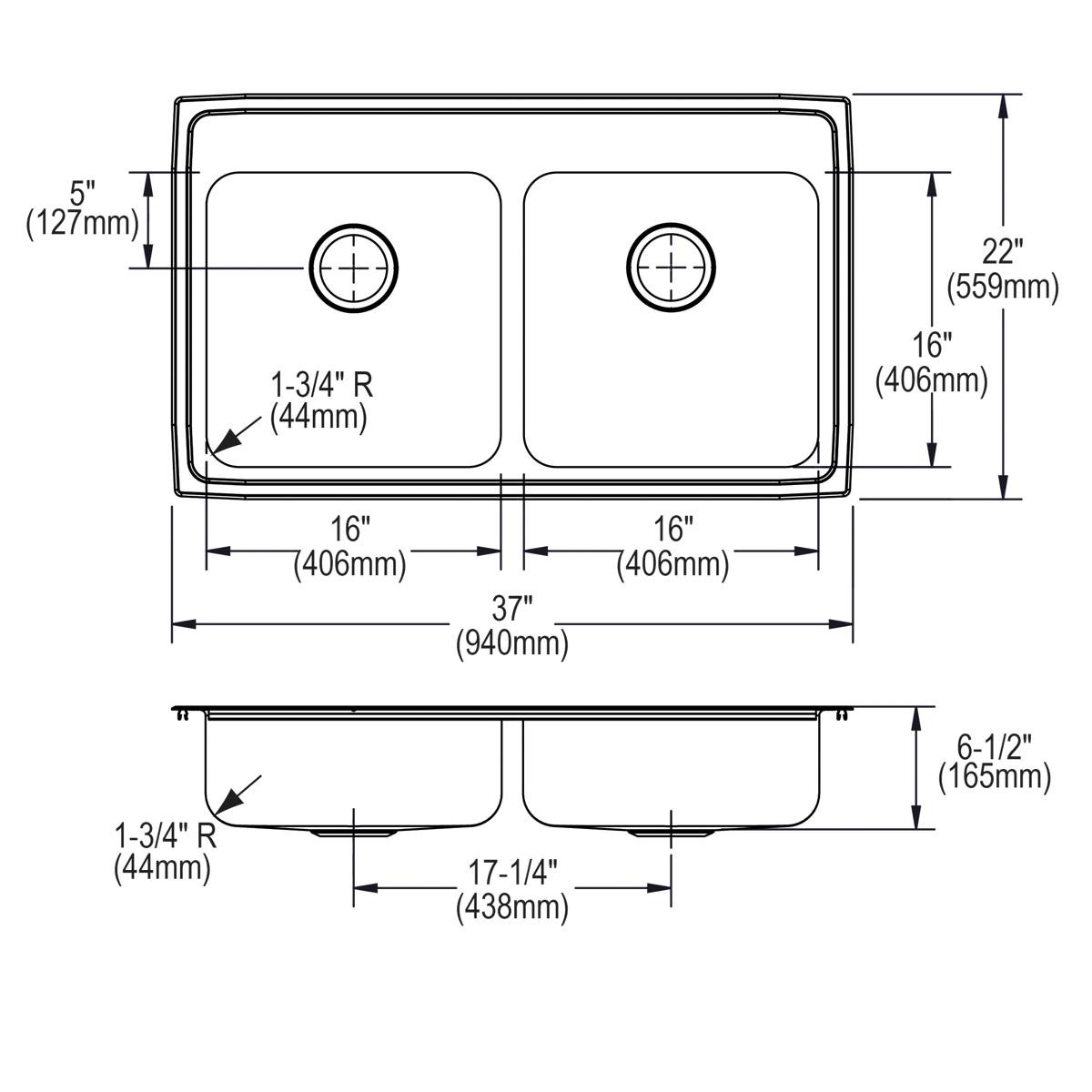 Elkay Lustertone Classic Stainless Steel 37" x 22" x 6-1/2", 2-Hole Equal Double Bowl Drop-in ADA Sink