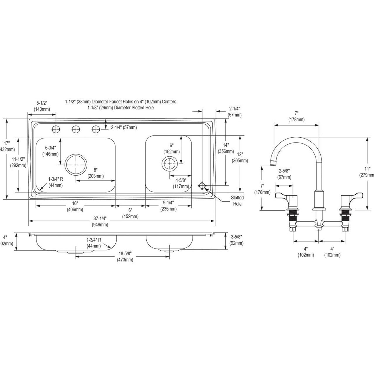 Elkay Lustertone Classic Stainless Steel 37-1/4" x 17" x 4", Double Bowl Drop-in Classroom ADA Sink Kit