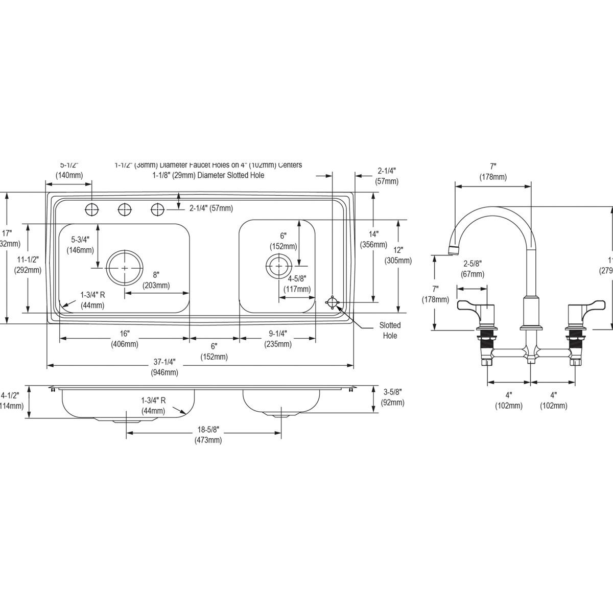 Elkay Lustertone Classic Stainless Steel 37-1/4" x 17" x 4-1/2", Double Bowl Drop-in Classroom ADA Sink Kit