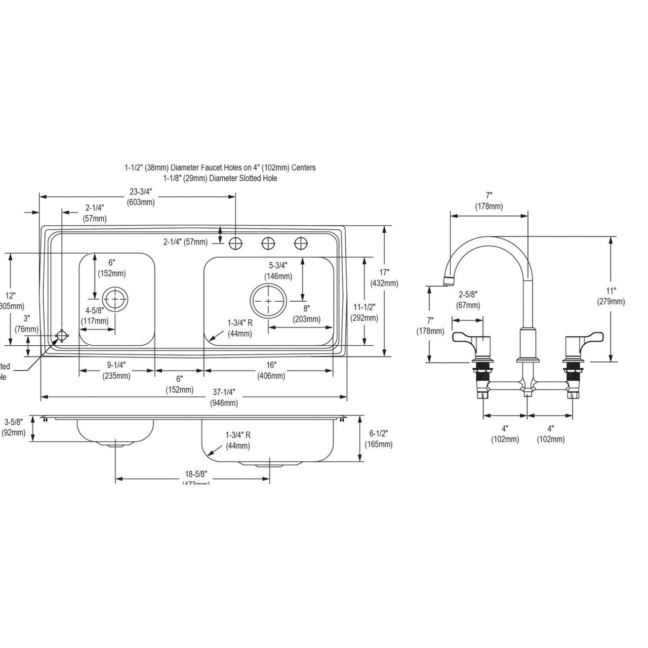 Elkay Lustertone Classic Stainless Steel 37-1/4" x 17" x 6-1/2" Double Bowl Drop-in Classroom ADA Sink Kit