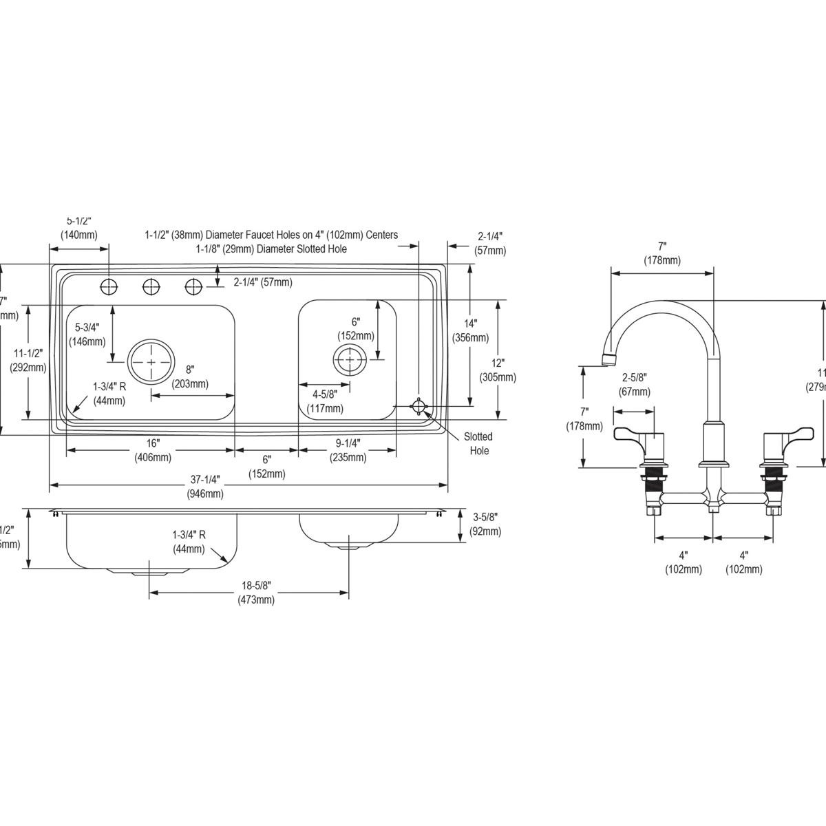 Elkay DRKAD371765RC Lustertone Classic Stainless Steel 37-1/4" x 17" x 6-1/2", Double Bowl Drop-in Classroom ADA Sink Kit