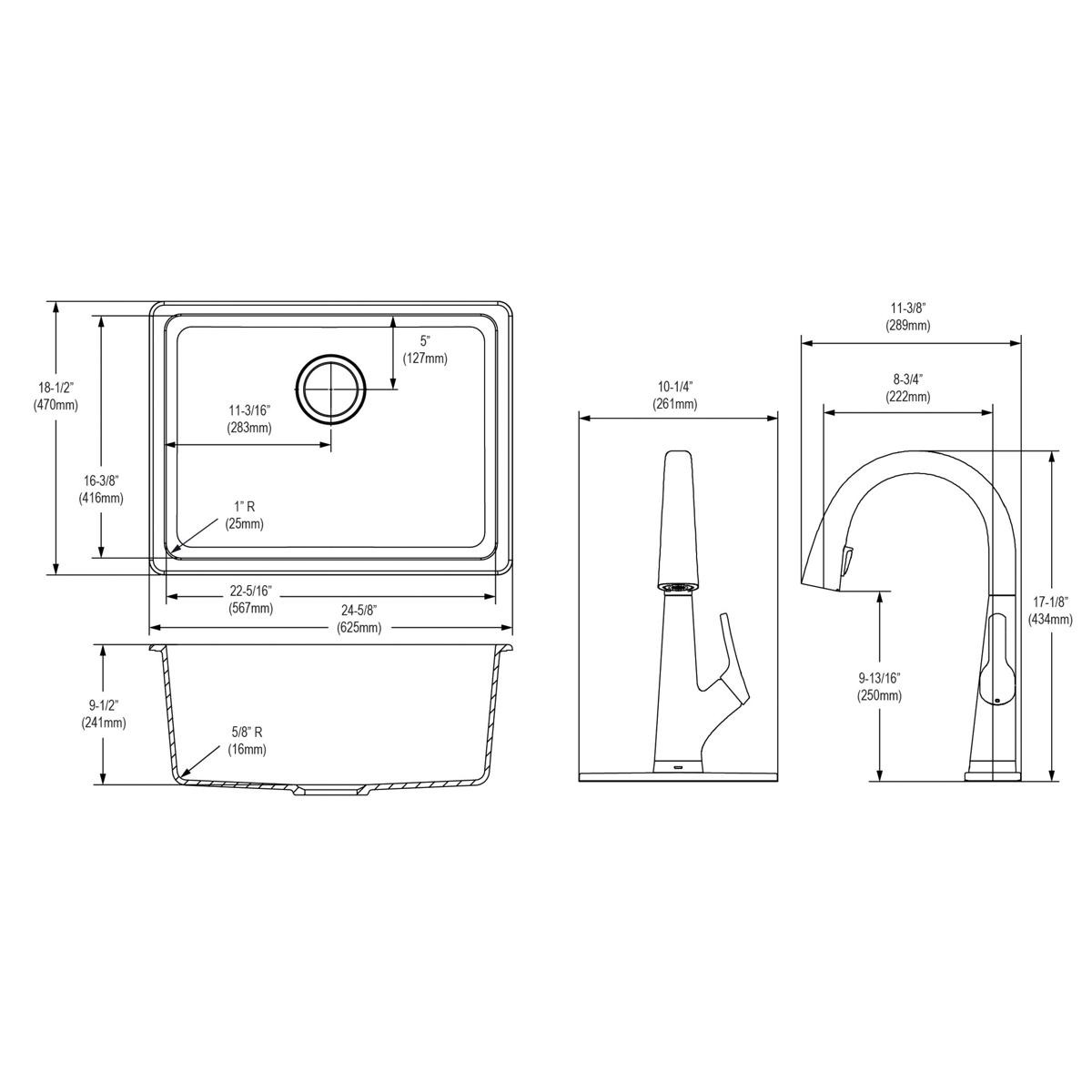 Elkay Quartz Classic 24-5/8" x 18-1/2" x 9-1/2" Single Bowl Undermount Sink Kit with Filtered Faucet Black