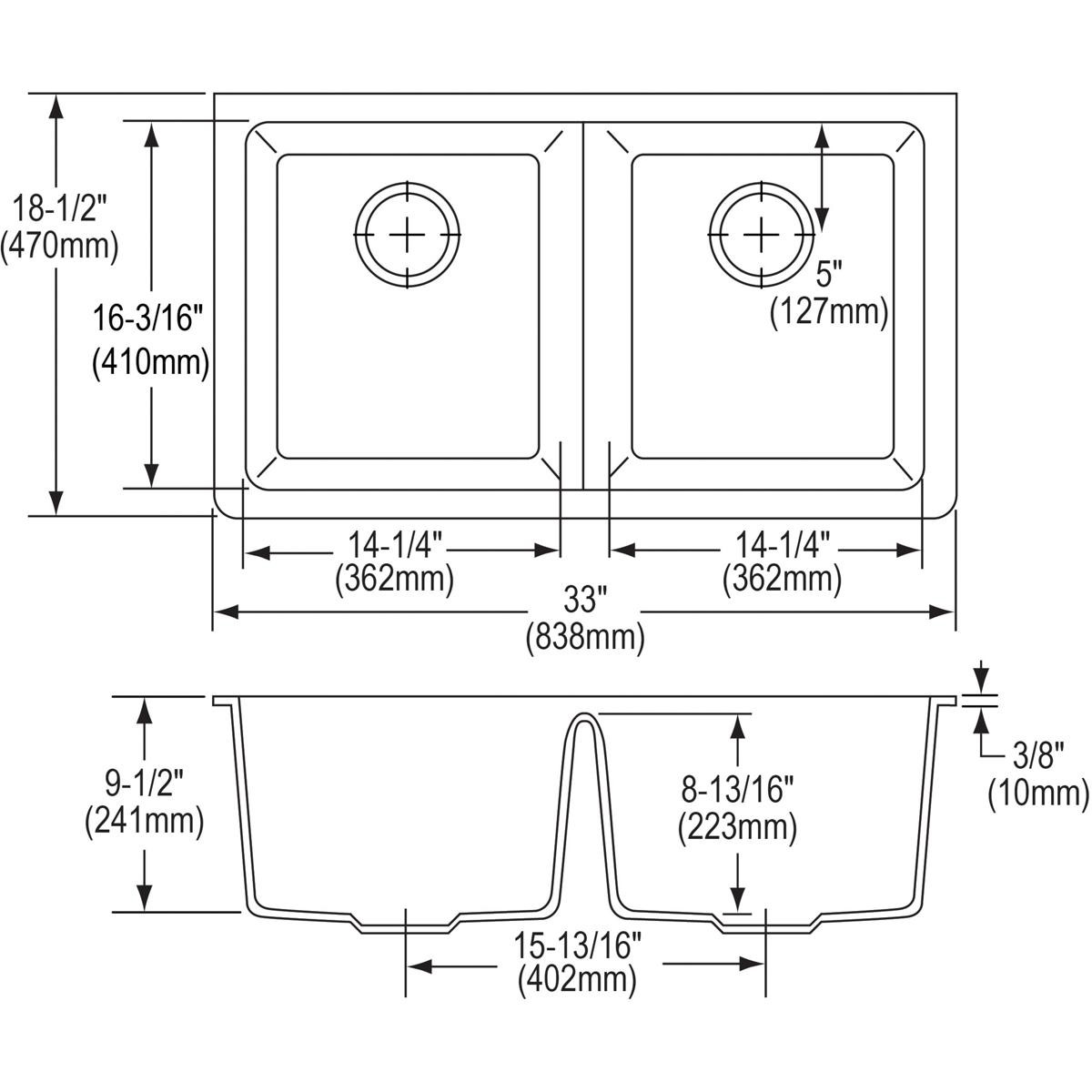 Elkay Quartz Classic 33" x 18-1/2" x 9-1/2", Equal Double Bowl Undermount Sink Kit, Black