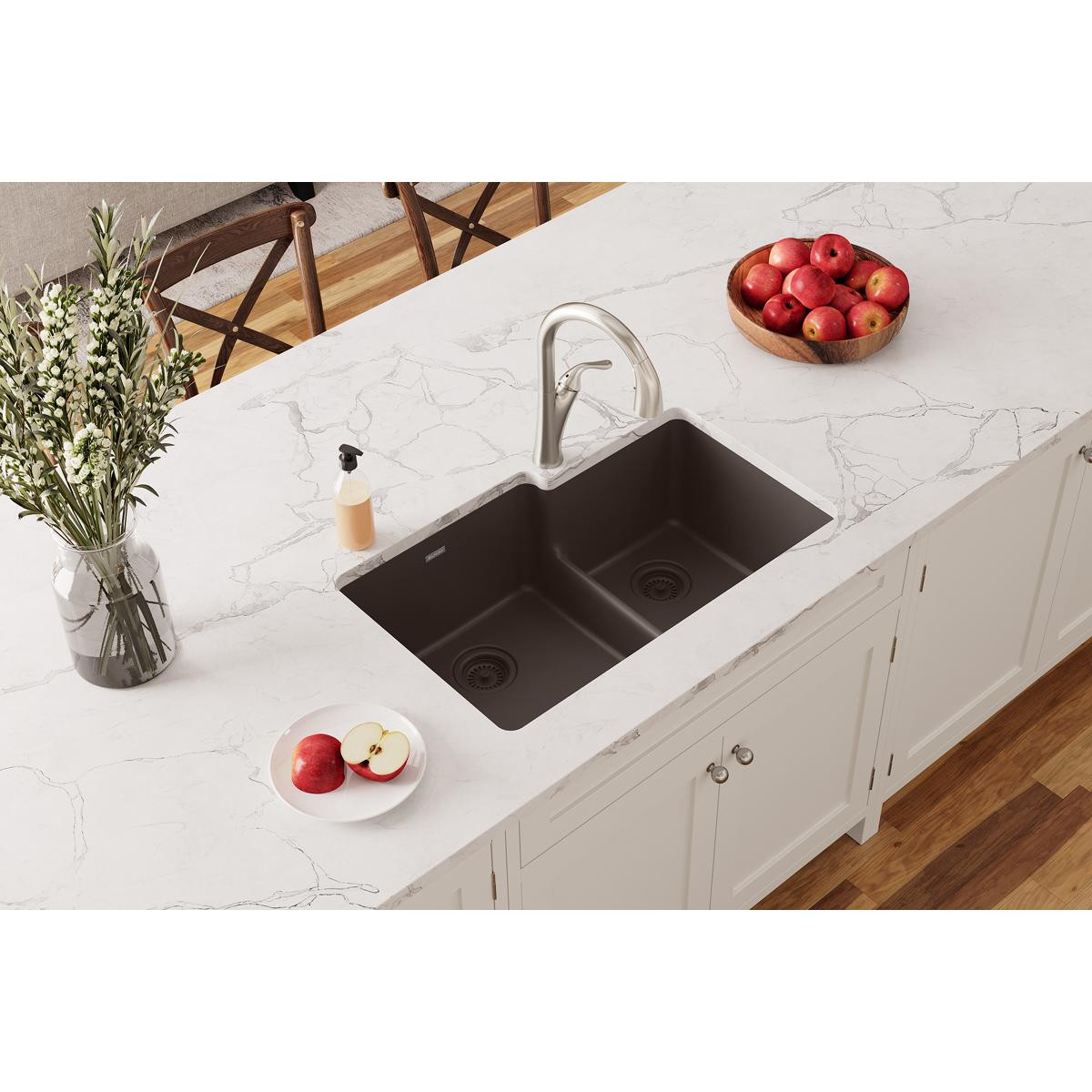 Elkay Quartz Classic 33" x 20-1/2" x 9-1/2", Offset 60/40 Double Bowl Undermount Sink with Aqua Divide, Mocha