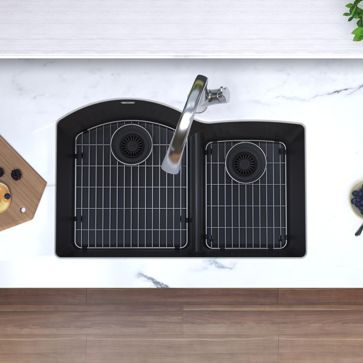 Elkay Quartz Classic 33" x 22" x 10" Offset 60/40 Double Bowl Undermount Sink Kit with Filtered Faucet with Aqua Divide Black