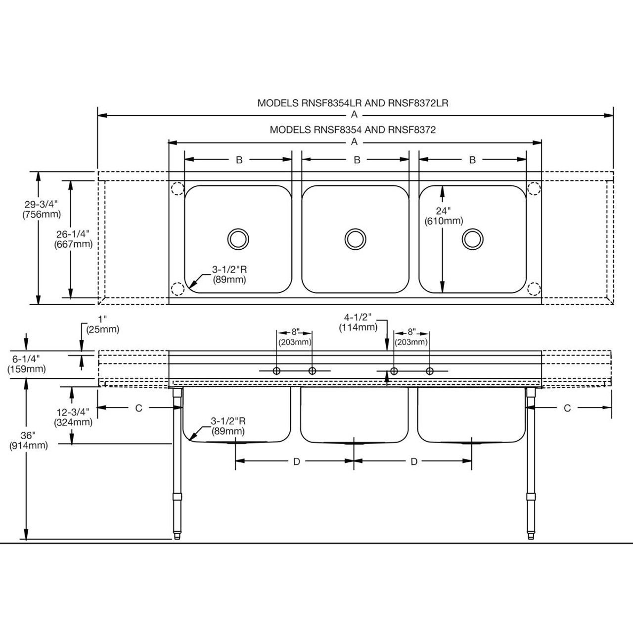 Elkay Rigidbilt Stainless Steel 115-1/2" x 29-3/4" x 14" Floor Mount Triple Compartment Scullery Sink w/ Drainboard