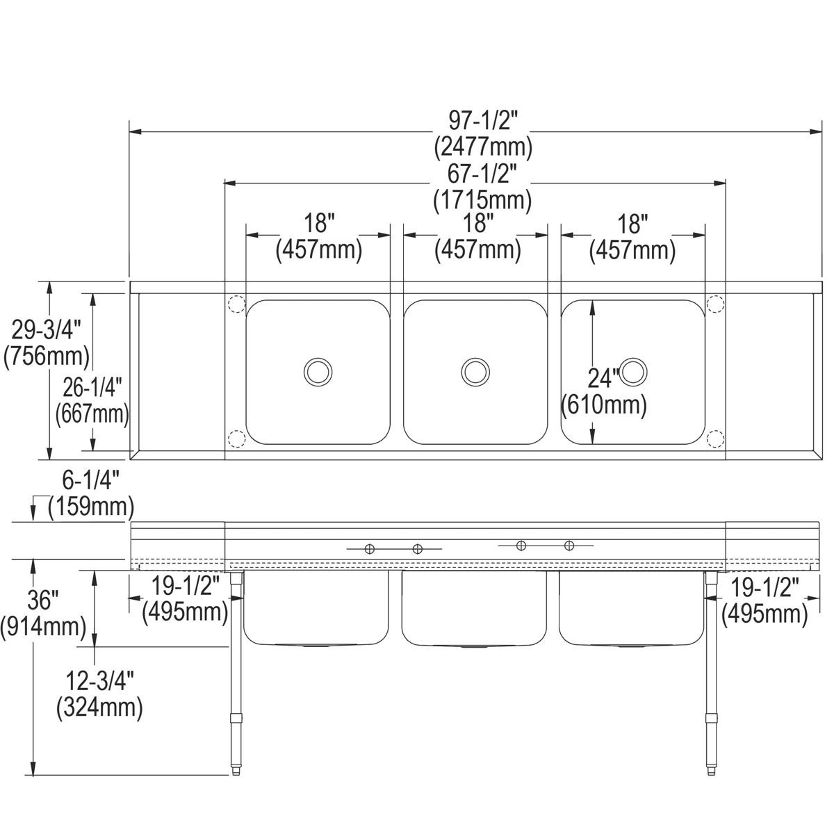 Elkay Rigidbilt Stainless Steel 97-1/4" x 29-3/4" x 14" Floor Mount Triple Compartment Scullery Sink w/ Drainboard