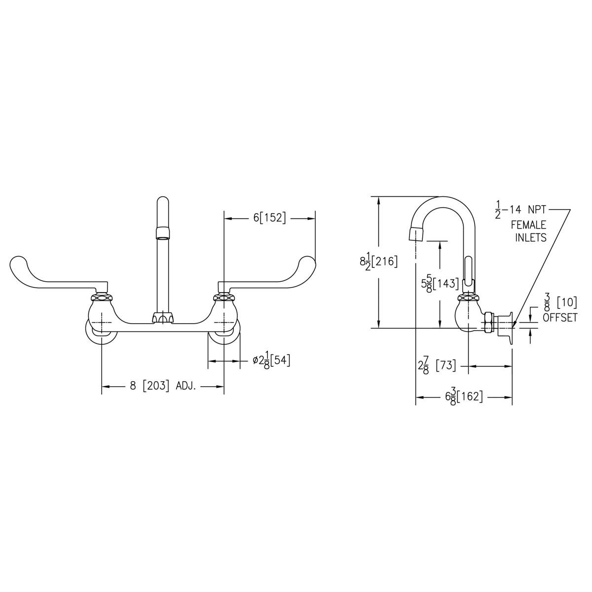 Elkay Scrub/Handwash 8" Centerset Wall Mount Faucet w/4" Gooseneck Spout 6" Wristblade Handles 1/2" Offset Inlet