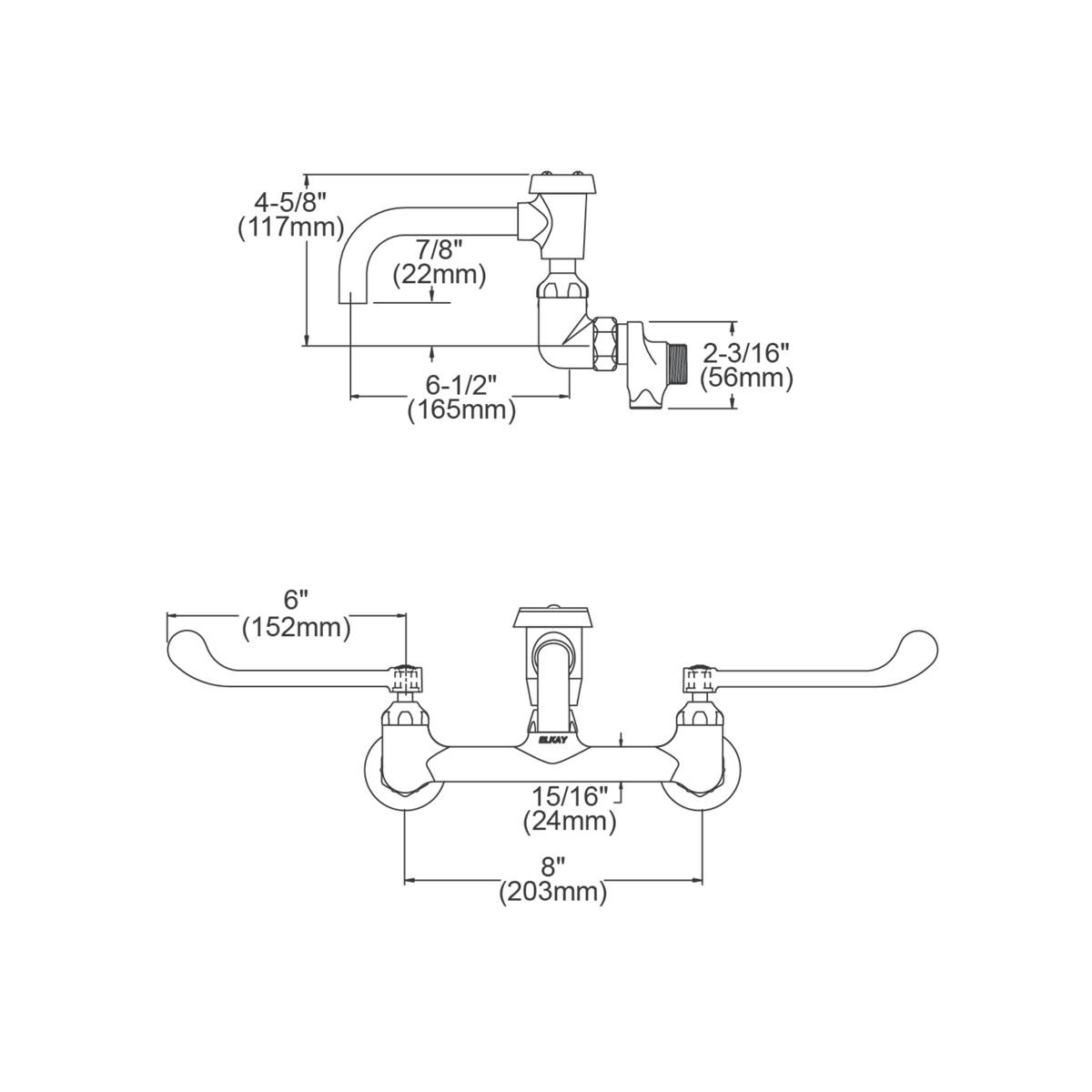 Elkay Service/Utility 8" Centerset Wall Mount Faucet w/7" Vented Spt 6" Wristblade Handles 1/2" Offset Inlets+Stop