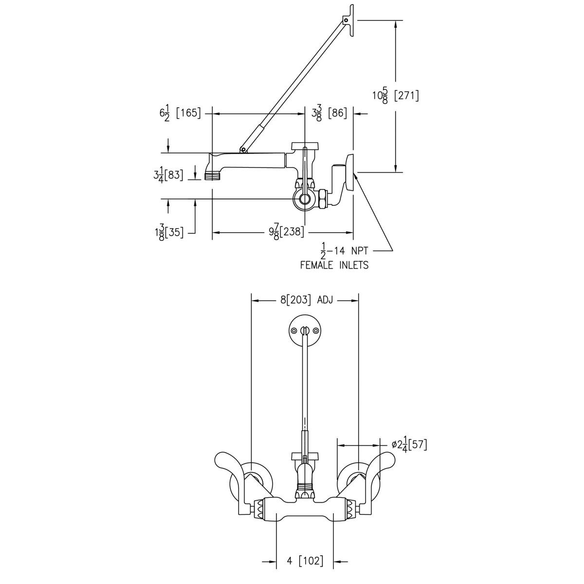 Elkay Service/Utility Single Hole Wall Mount Faucet w/7" Bucket Hook Spout 4" Wristblade Handles 2" Inlet Chrome