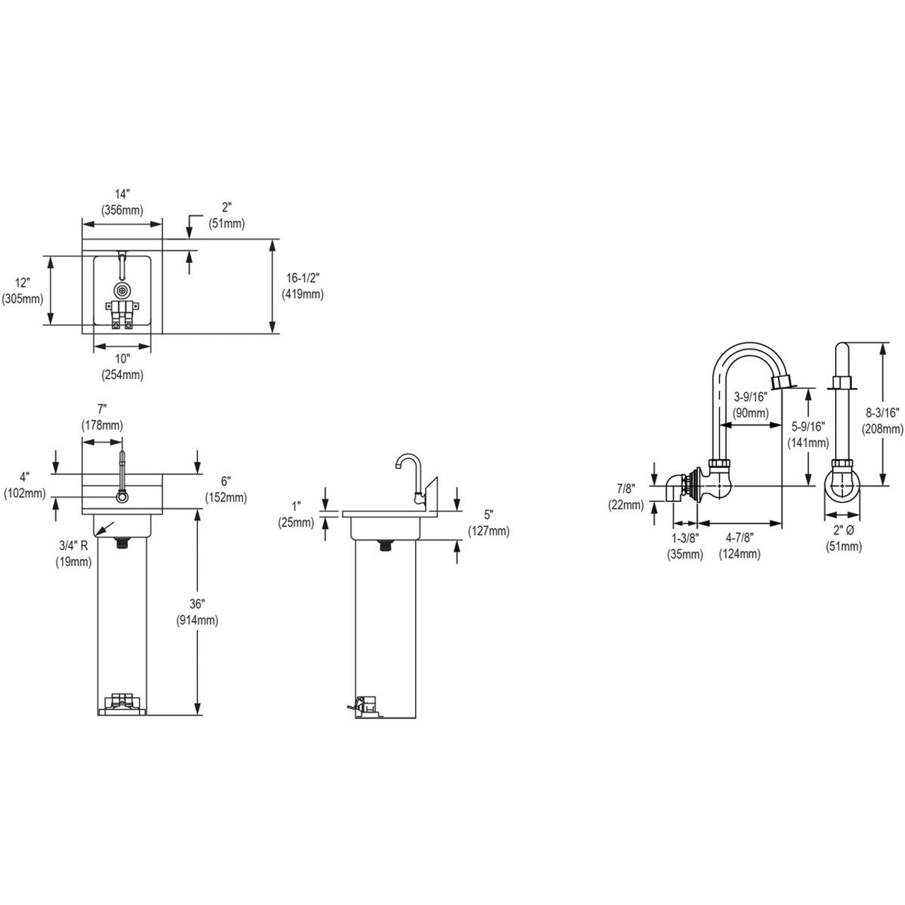 Elkay Stainless Steel 14" x 16-1/2" x 42" 18 Gauge Hand Sink with Pedestal Base Foot Valve and Faucet