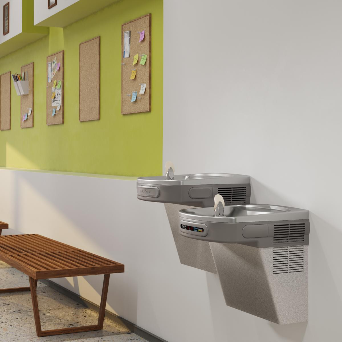 Elkay Wall Mount Versatile Hands-free Activation Bi-level ADA Cooler Filtered Refrigerated Light Gray Granite